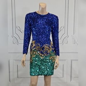 Niteline Vintage 80s 90s Blue Sequin Silk Short Party Cocktail Formal Dress sz 4